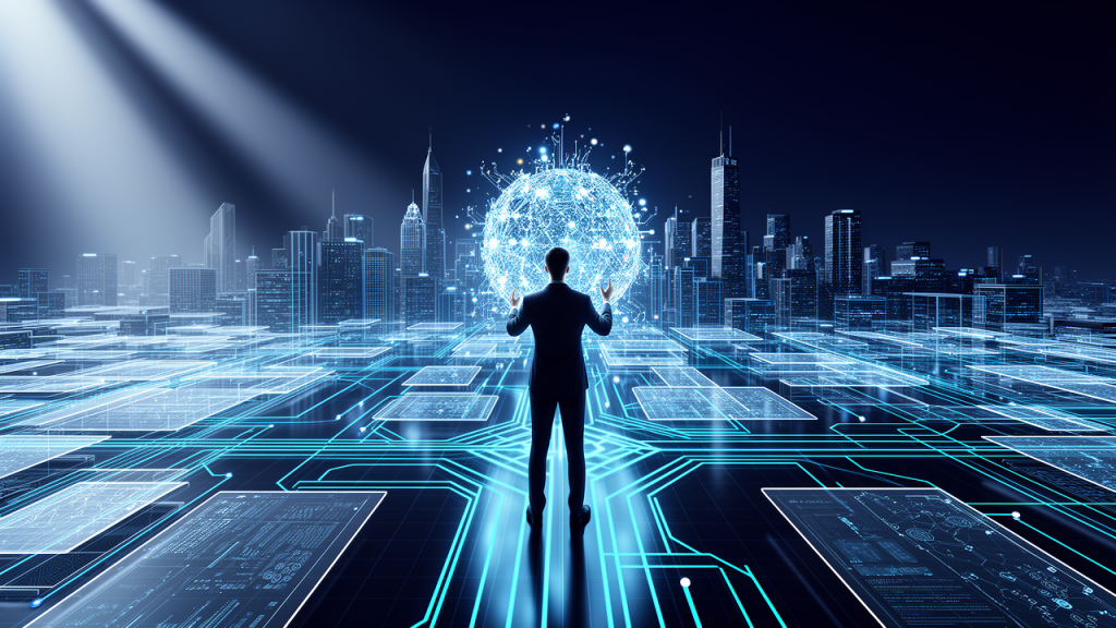 Gründer von nexivium blickt auf eine leuchtende digitale Unternehmensarchitektur in dunkelblau und cyan.